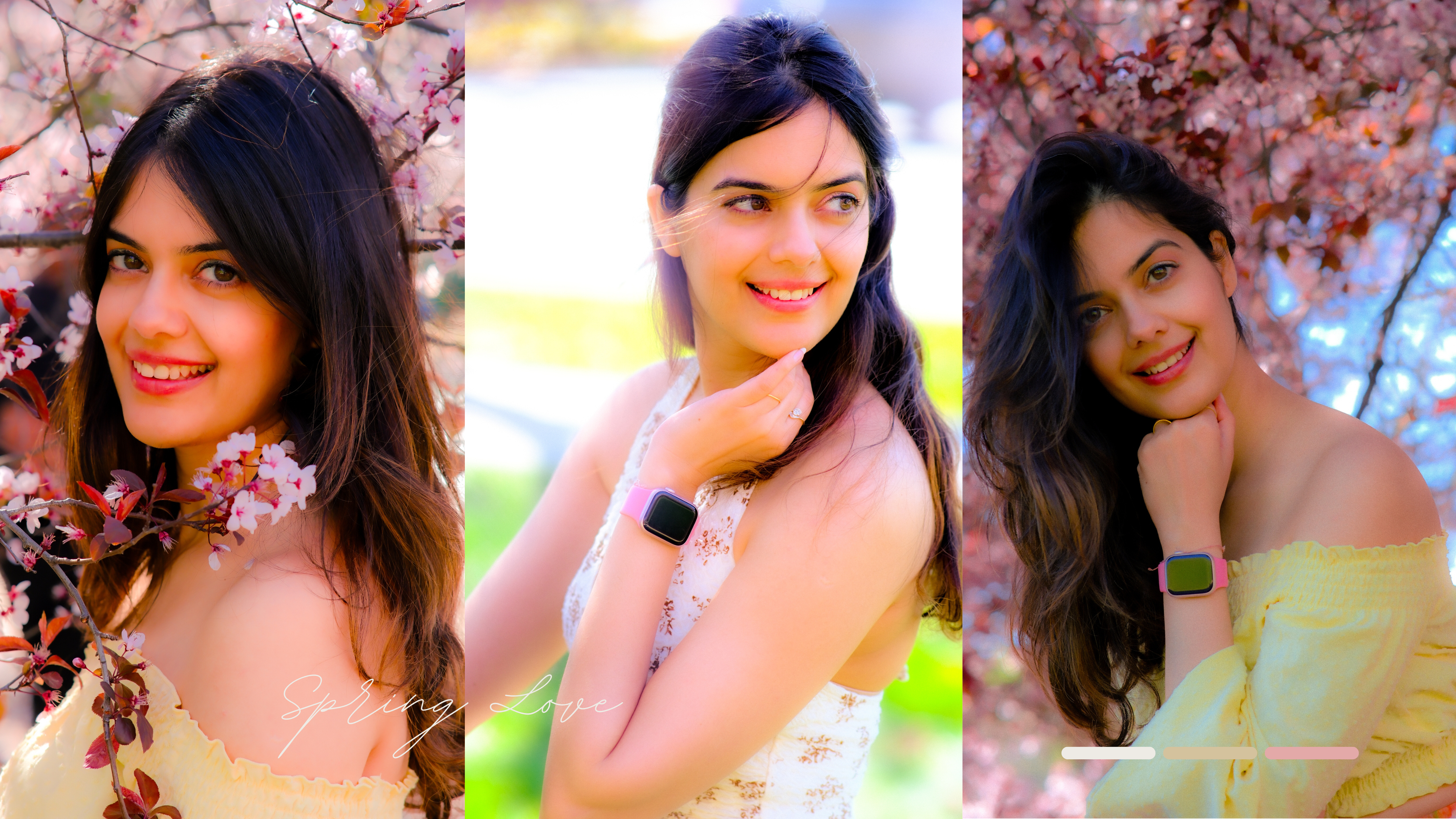 Triptych of a woman posing among pink cherry blossoms in spring sunlight